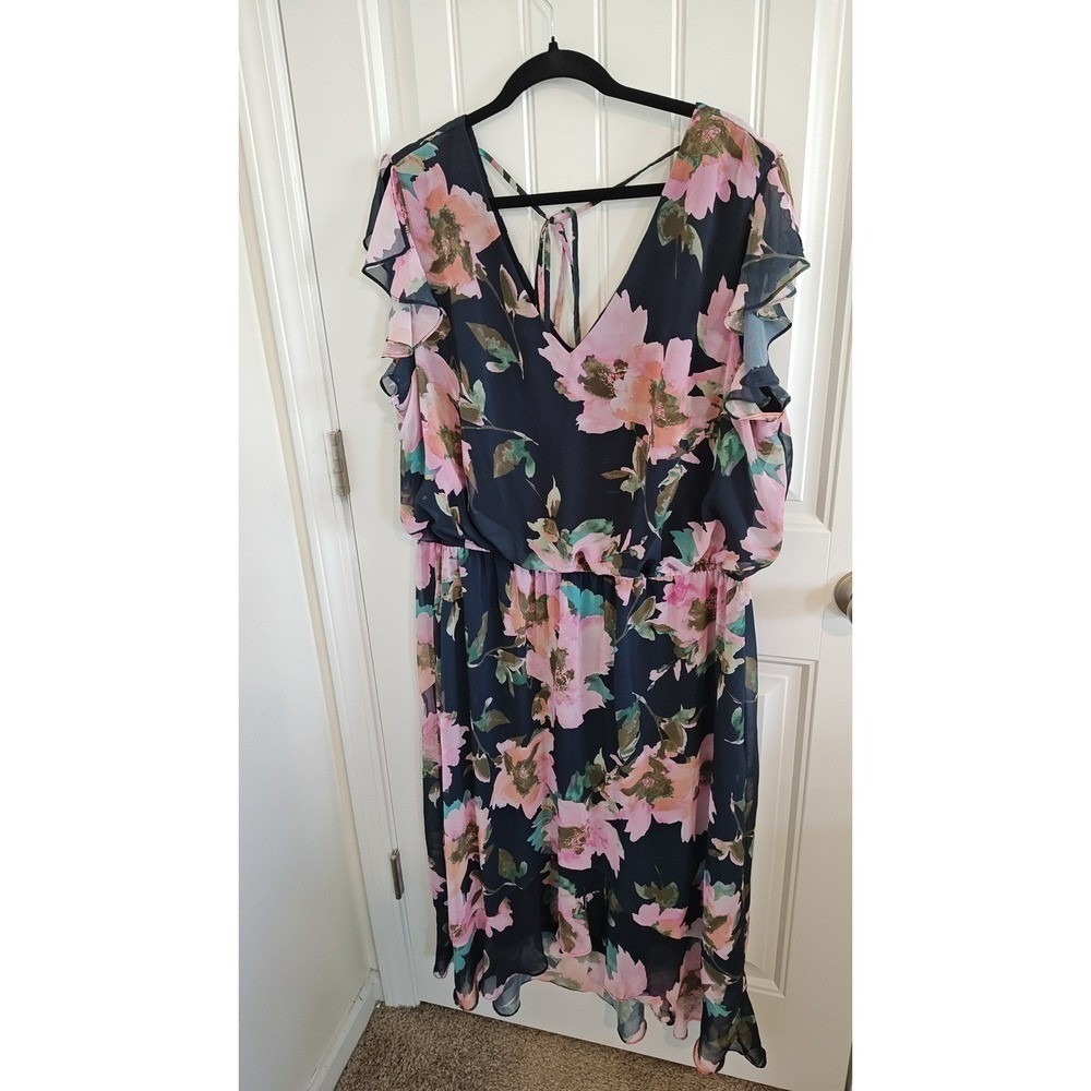 Emma & Michele Floral Chiffon High Low Dress 3X Navy Pink Used Cottagecore